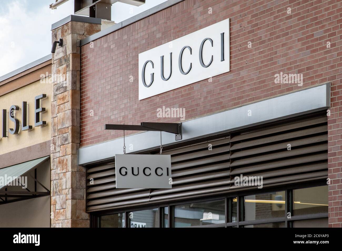 Clarksburg, Maryland / USA - July 12 2020: Sign at the exterior storefront of Gucci Outlet Store at Clarksburg Premium in Maryland Stock Photo - Alamy