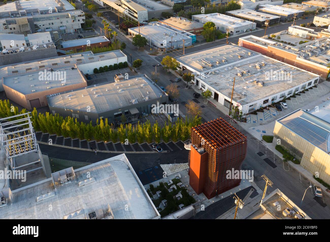 Aerial view of Vespertine Restaurant building in the Hayden Tract of Culver City by Eric Owen Moss Architects Stock Photo