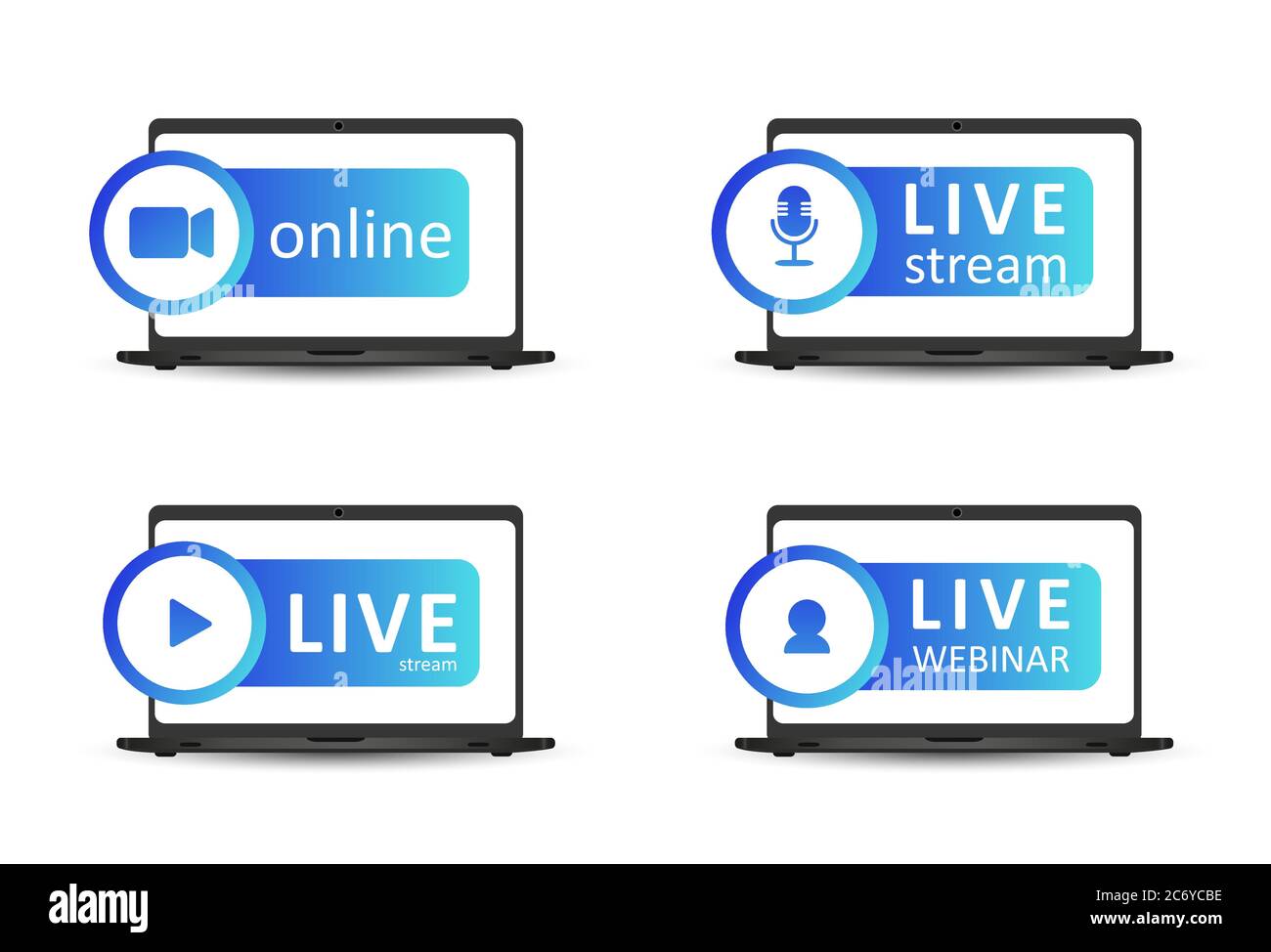 Set of live streaming icons. Gradient symbols and buttons of live streaming, broadcasting, online webinar. Label for tv, shows, movies and live Stock Vector