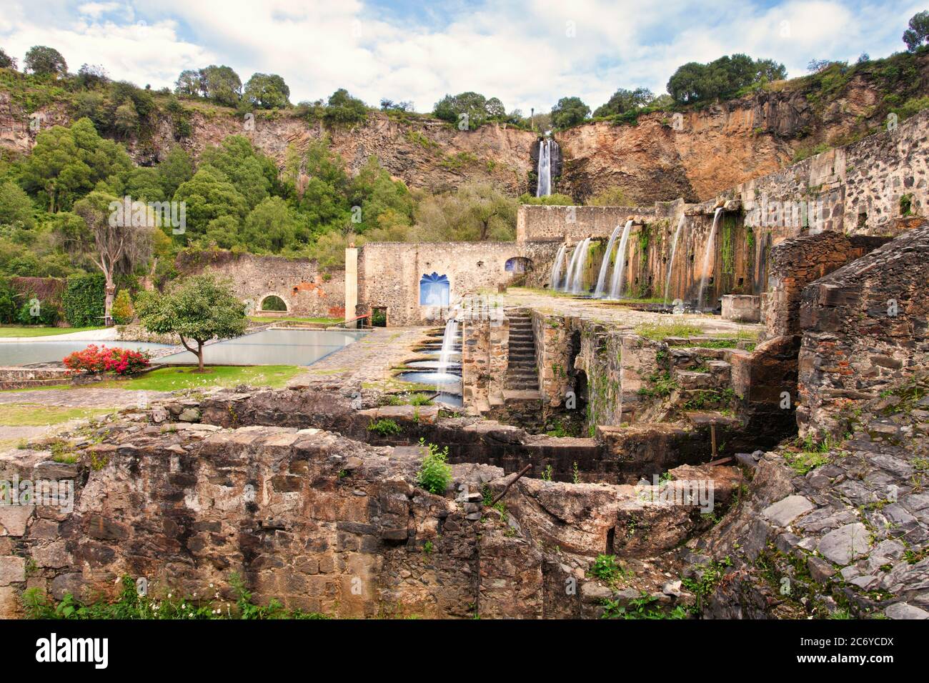 Waterfalls and gardens, Ex Hacienda Santa María Regla, Hidalgo, Mexico. Stock Photo