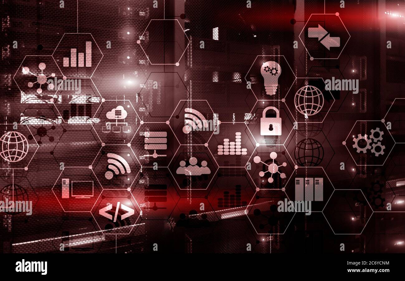 Red Server Rack. Abstract Internet digital technology concept Stock Photo