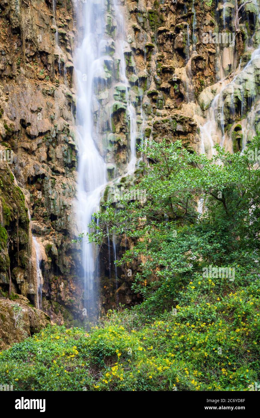 A waterfall and unique rock formations at Tolantongo Hot Springs, HIdalgo, Mexico. Stock Photo