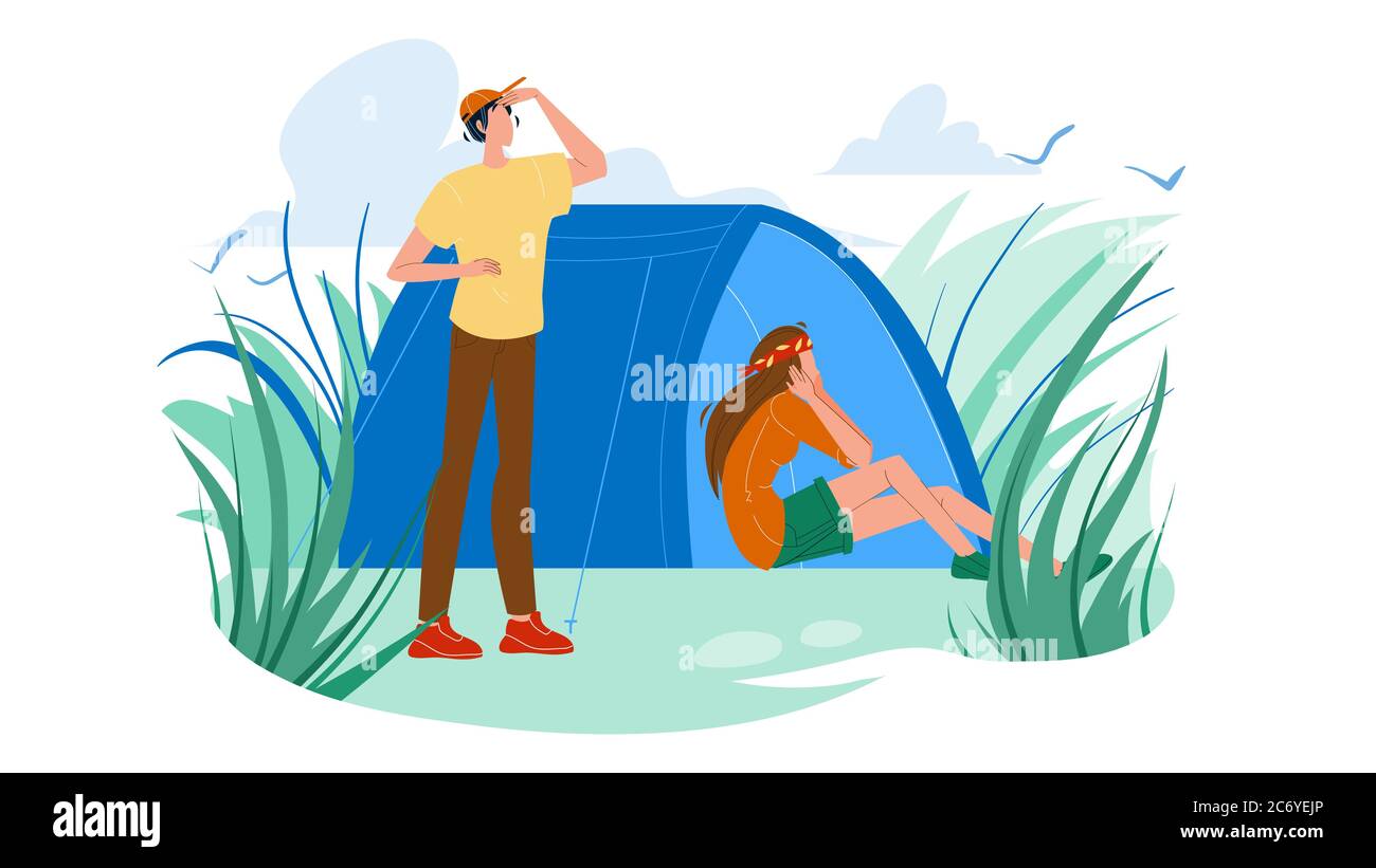 Campsite Tent And Tourists Man And Woman Vector Stock Vector Image ...