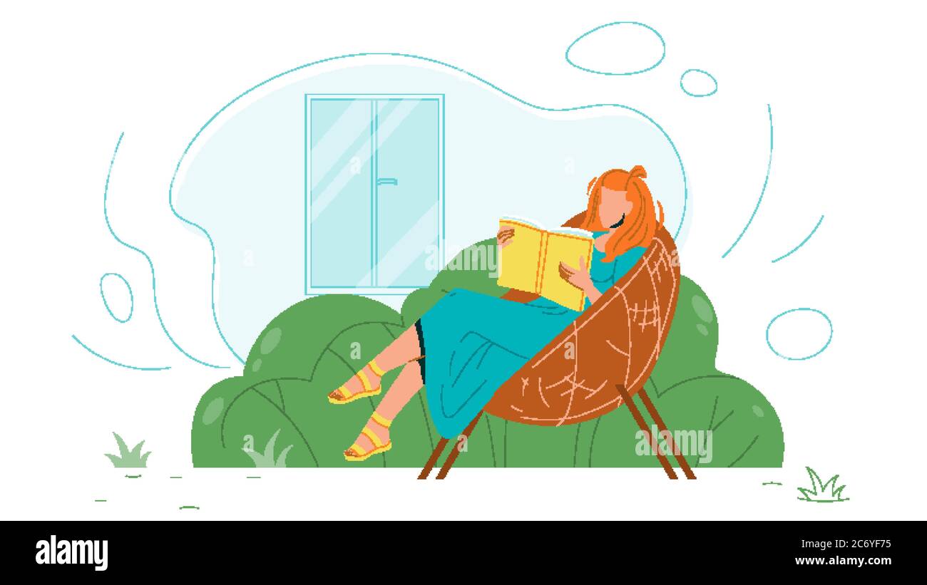 Woman Sit In Chair And Read Book In Patio Vector Stock Vector