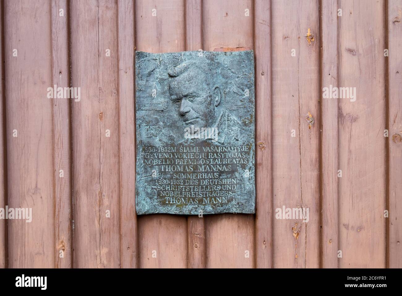 The commemorative, memorial plaque for the German writer Thomas Mann at his summer home. In NIda, Curonian Spit, Lithuania. Stock Photo