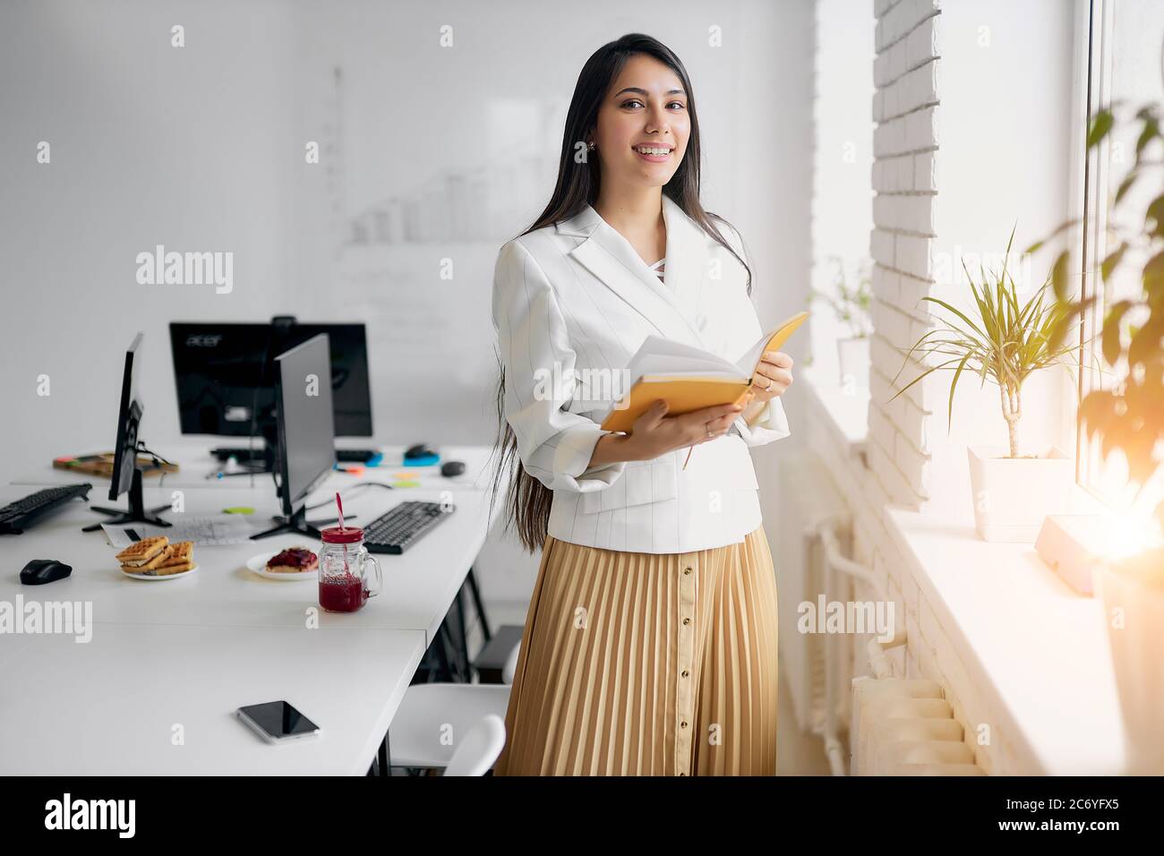 Portrait of good-looking woman holding book in white office, near window and table. Dark haired business woman read a book about business strategy Stock Photo