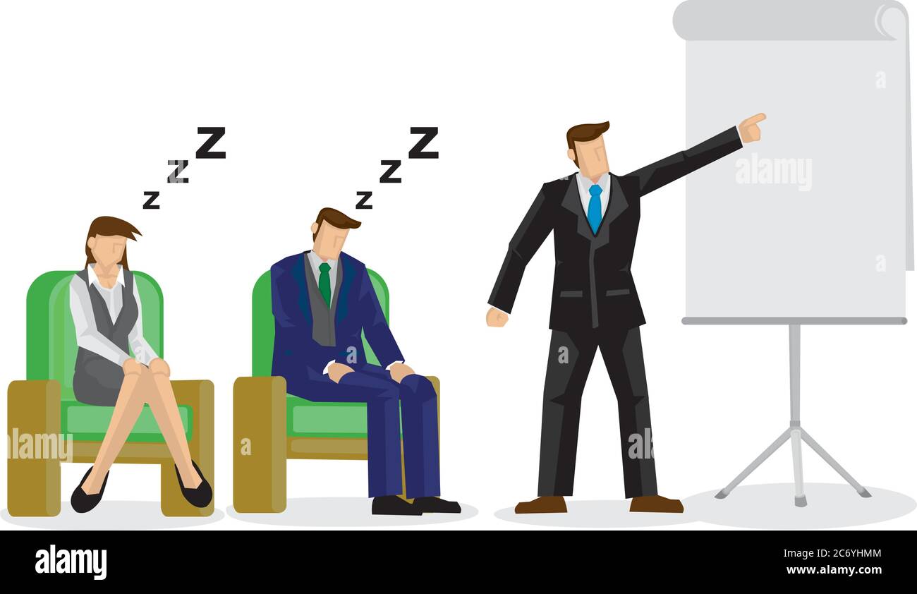 Two sleepy and bored employees at a business speaking presentation ...