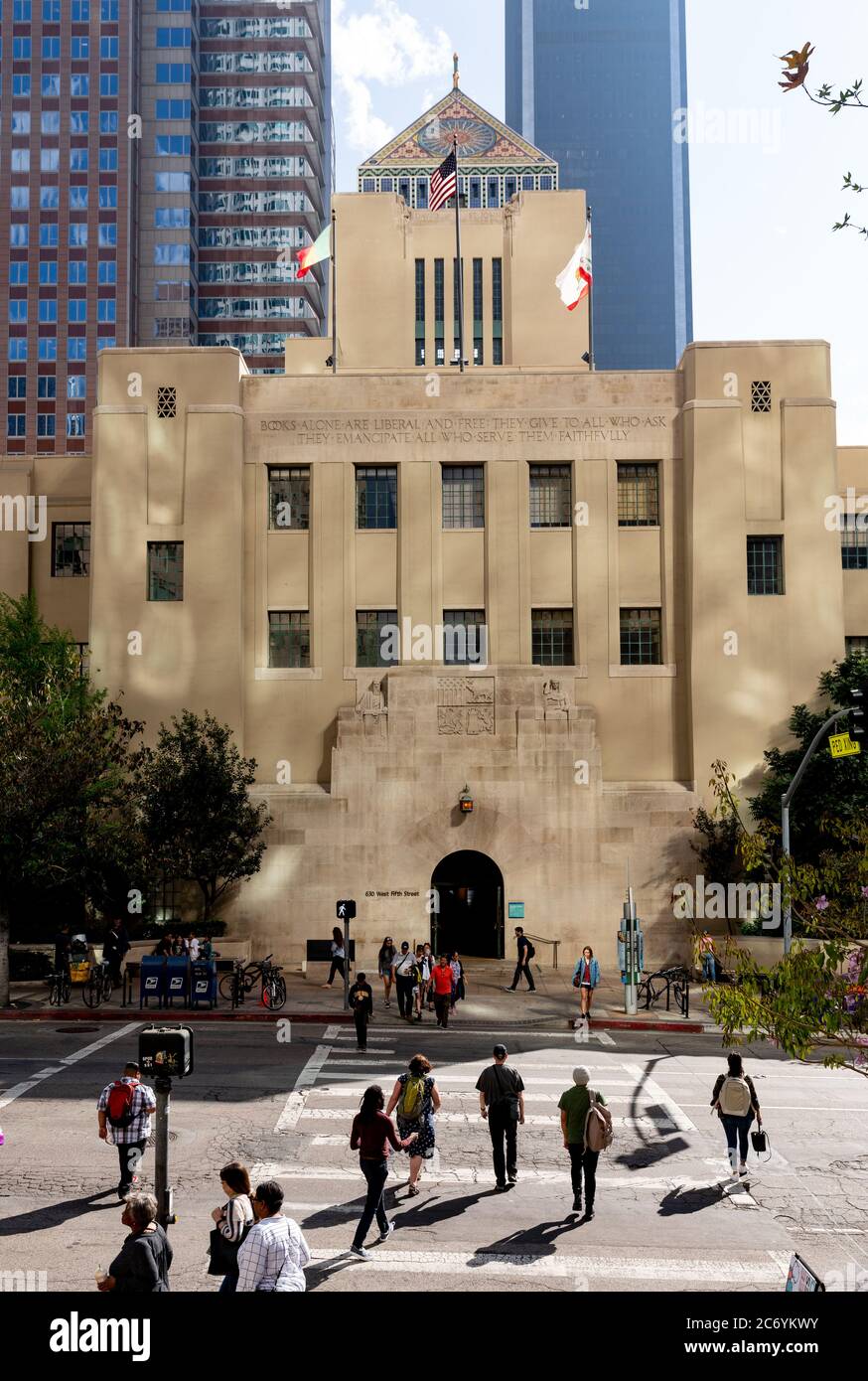 Exterior Northwest facade of the Los Angeles Central Public Library, showing entrance on 5th Street. Stock Photo