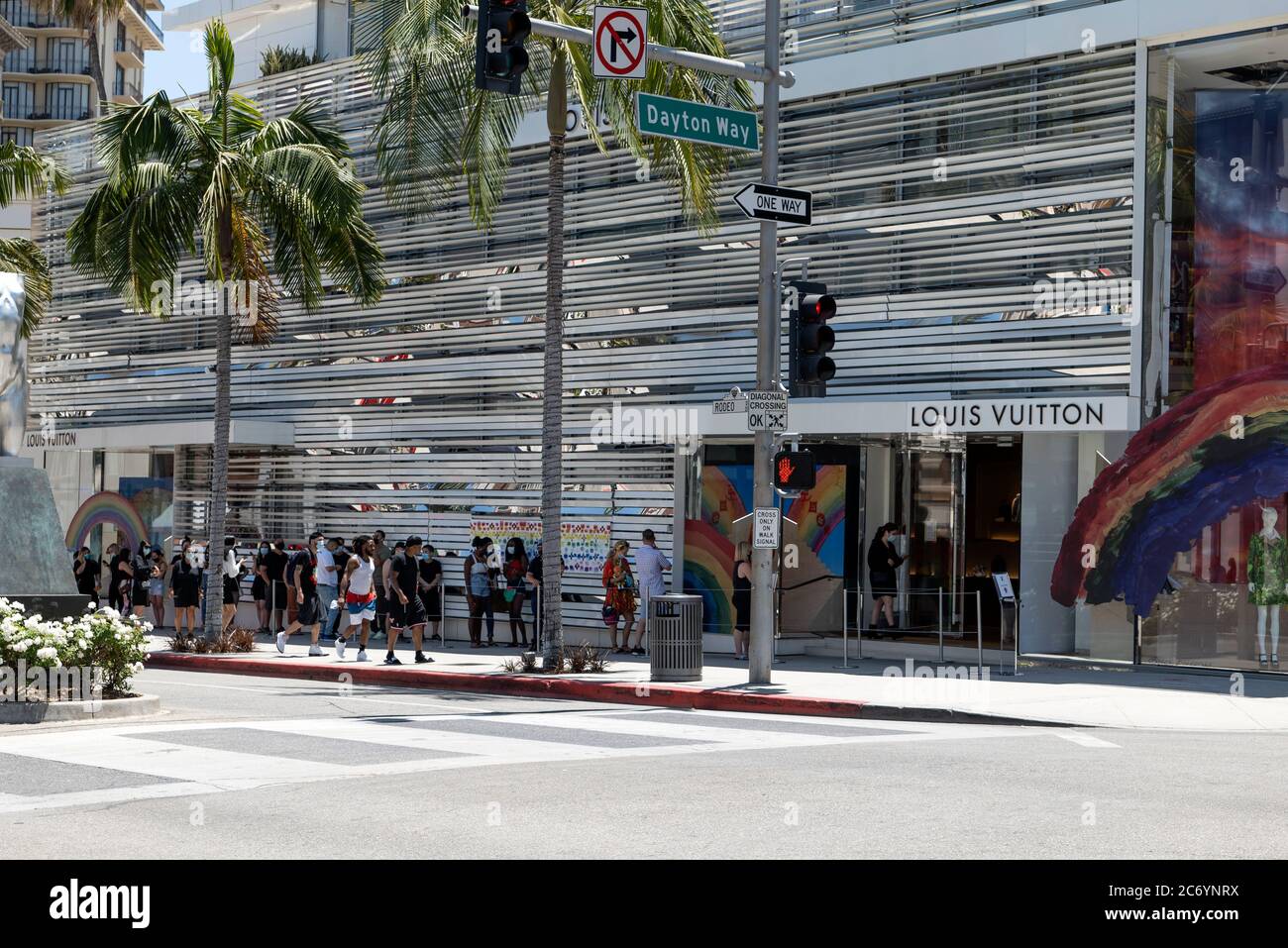 Beverly Hills, CA/USA - July 12, 2020: Long line of socially