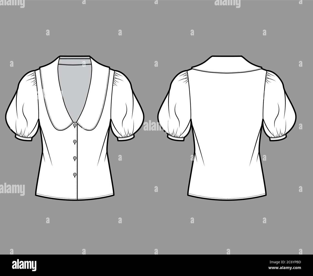 Blouse technical fashion illustration with collar framing V neck, oversized medium puffed sleeves and body. Flat apparel template front, back, white color. Women, men unisex garment CAD mockup Stock Vector