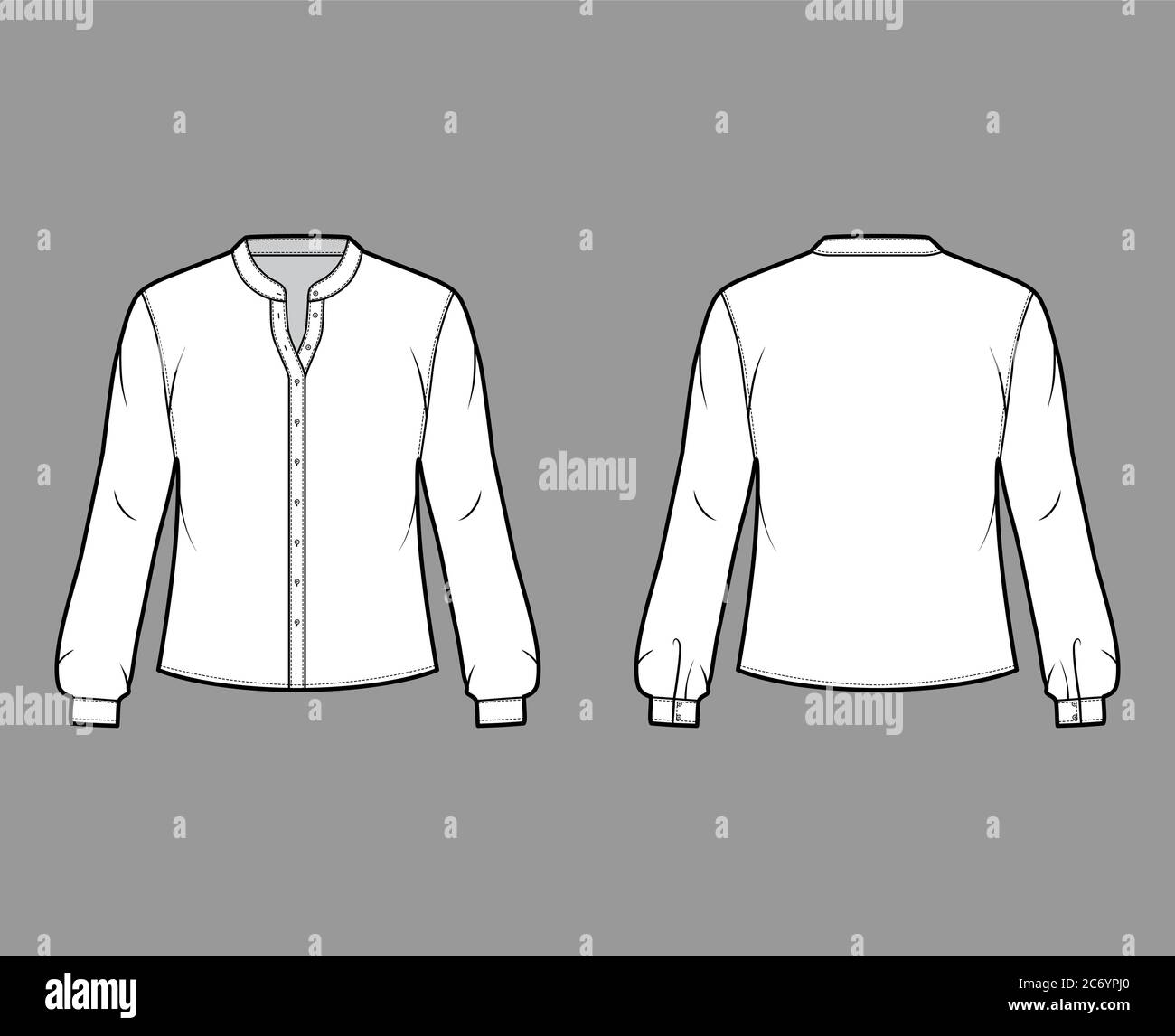 Download Shirt Technical Fashion Illustration With Curved Mandarin Stand Collar And Long Sleeves With Cuff Flat Apparel Blouse Template Front Back White Color Women Men And Unisex Top Cad Mockup Stock Vector Image PSD Mockup Templates