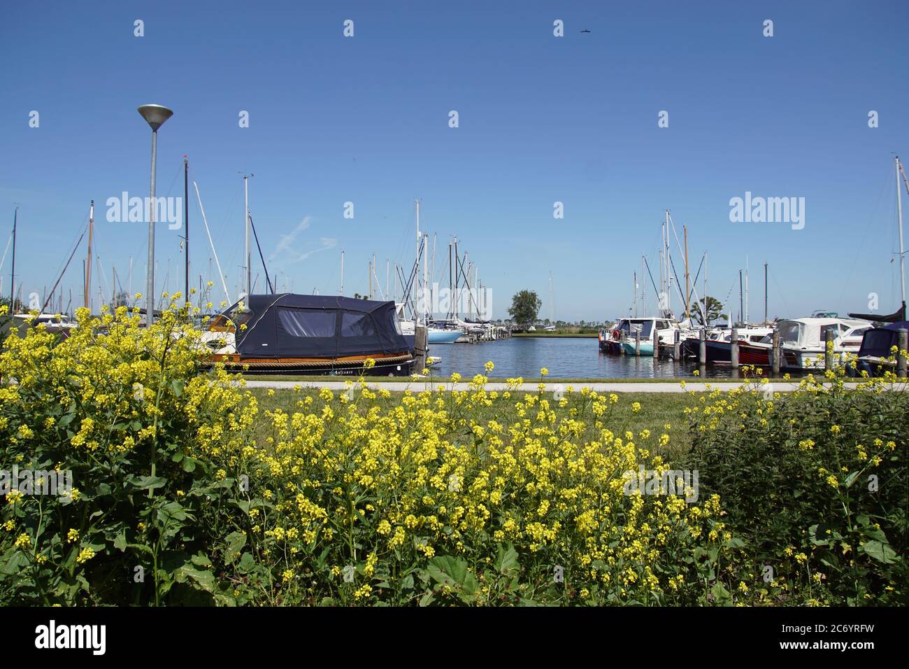 Marina with sailing ships at the Alkmaardermeer Lake in the Dutch village of Akersloot..Netherlands, May Stock Photo