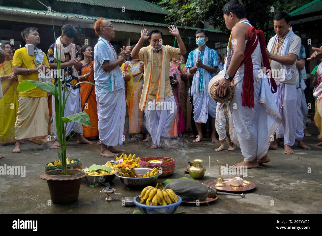 The annual Ratha Yatra is a ritual celebrated with much zeal and enthusiasm in the Temple precincts. The festival is a celebrated for almost a week, starting with the forward journey of the chariot and ending up wuth tge reverse homeward journey. This year, the journey of the deity is only bound within the yards of the Sri Sri Mohaprobhu Mondir, Sagordighir par, due to covid19 pandemic. Sylhet, Bangladesh. Stock Photo