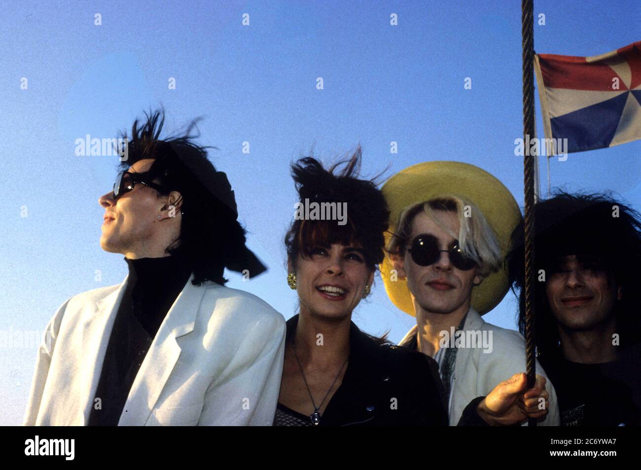 John Taylor, background singer, Nick Rhodes and Warren Cuccurullo of Duran Duran at the photo op for the 'Big Electric Theater' tour in Limeharbour on the Isle of Dogs. London, April 13, 1989 | usage worldwide Stock Photo