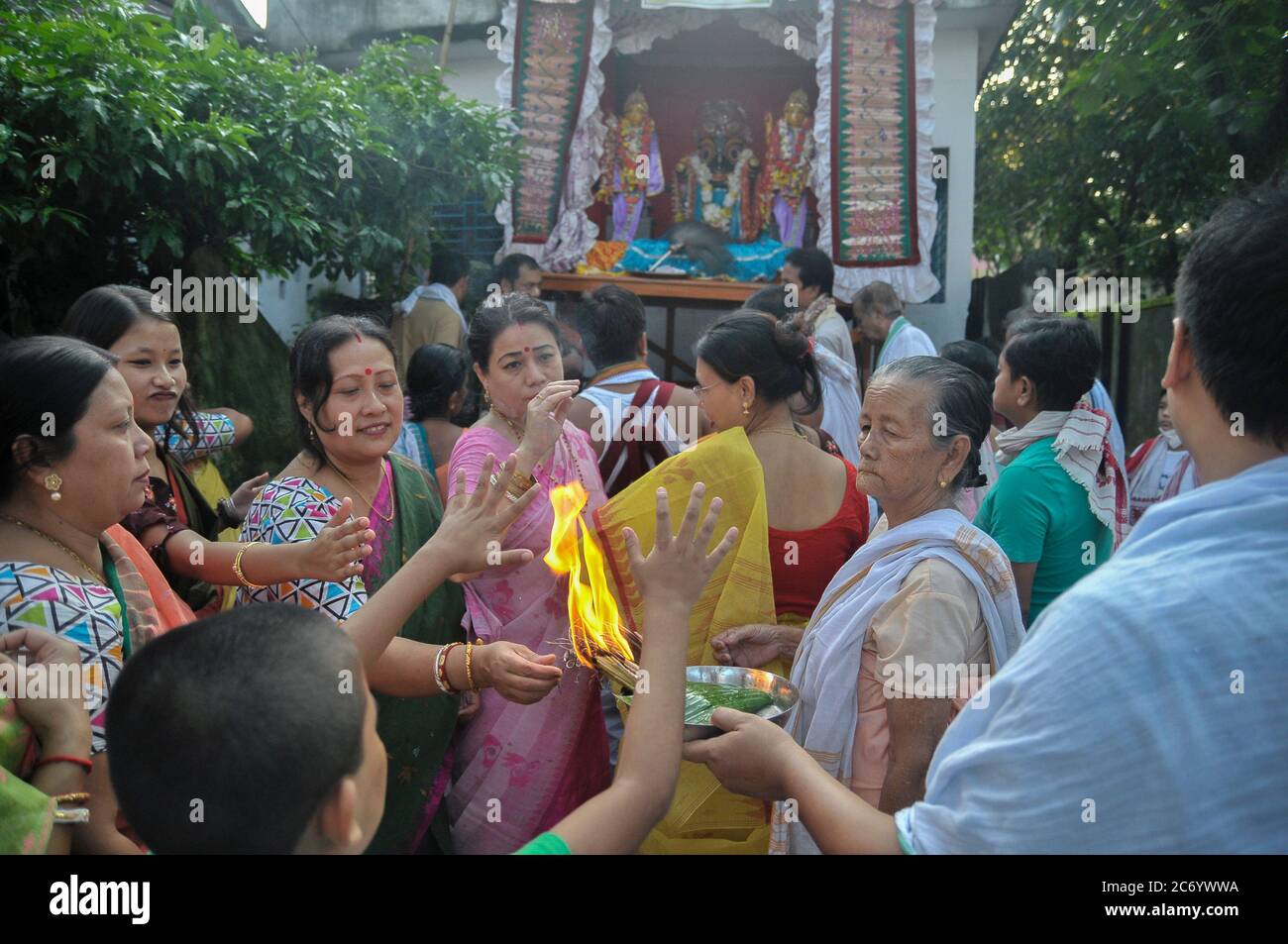 The annual Ratha Yatra is a ritual celebrated with much zeal and enthusiasm in the Temple precincts. The festival is a celebrated for almost a week, starting with the forward journey of the chariot and ending up wuth tge reverse homeward journey. This year, the journey of the deity is only bound within the yards of the Sri Sri Mohaprobhu Mondir, Sagordighir par, due to covid19 pandemic. Sylhet, Bangladesh. Stock Photo