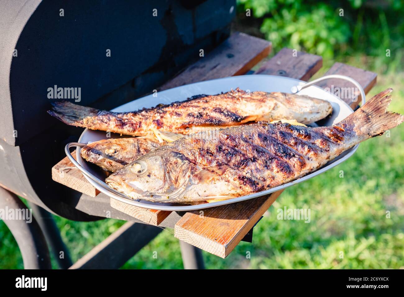 Grilled Sea Bass on a grill Stock Photo Alamy