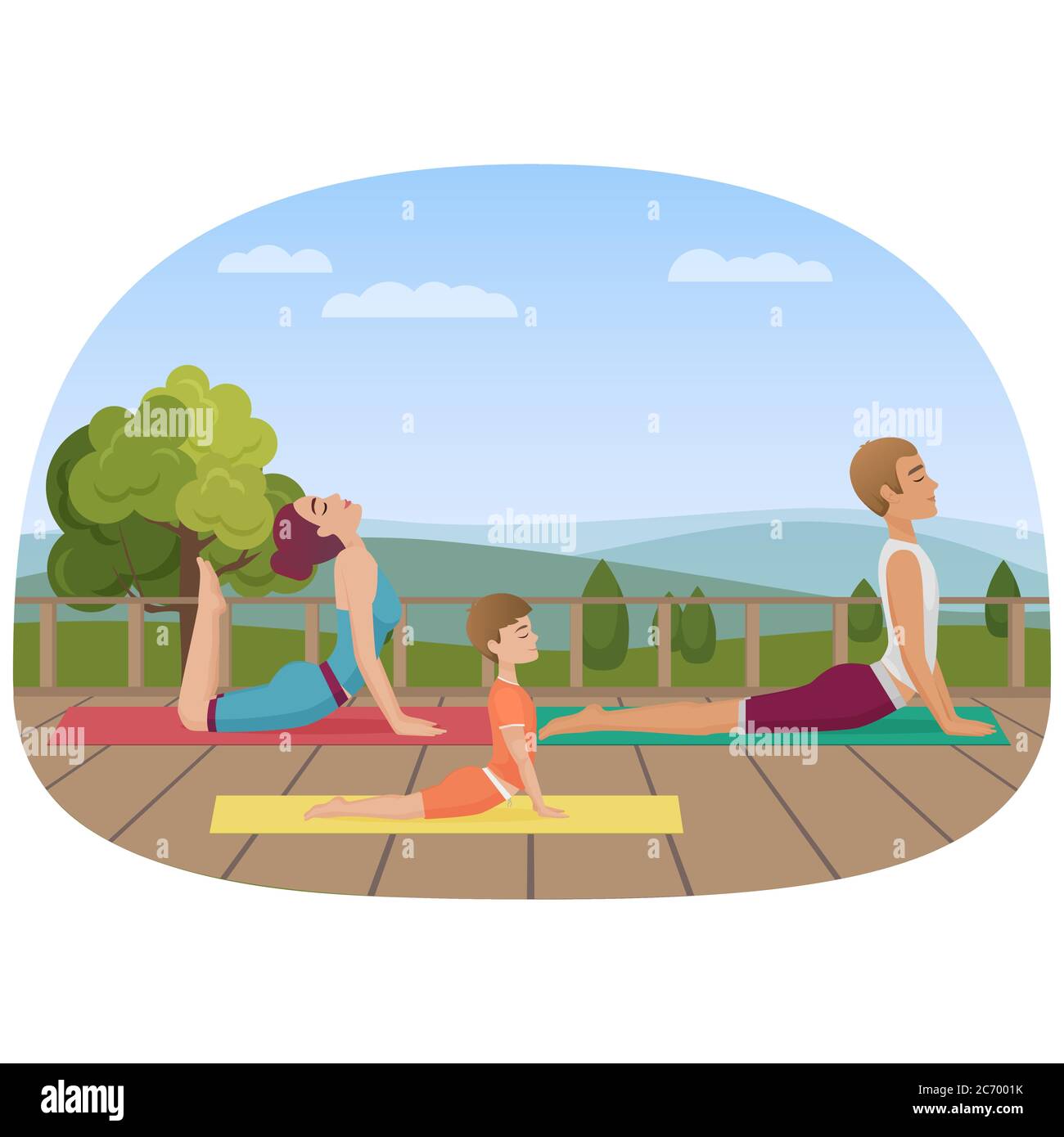 Parents with kid does yoga various exercises. Family yoga vector illustration Stock Vector