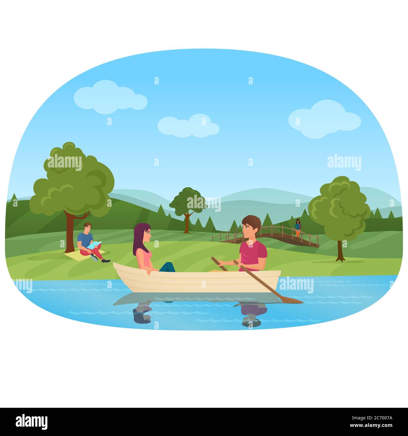 A couple swimming on boat in the pond in the park vector illustration. Man and women in boat together Stock Vector