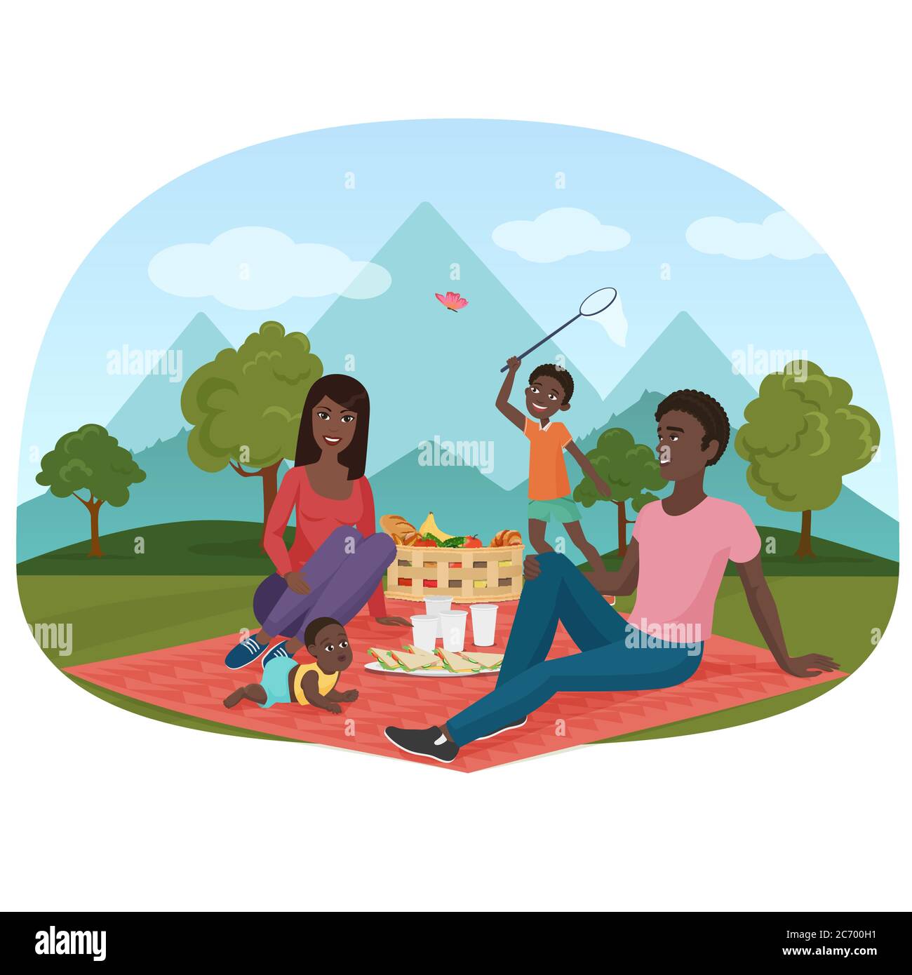 The vector illustration of cheerful African family on a picnic outside. Black people family camping near the mountains Stock Vector