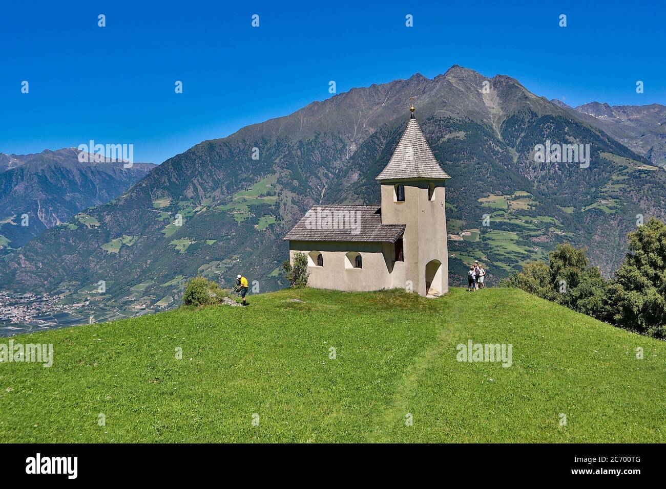 South Tyrol, Italy July 2020: Impressions of South Tyrol July 2020 Aschbach, Algund municipality, St. Maria in the snow with the peak in the background | usage worldwide Stock Photo