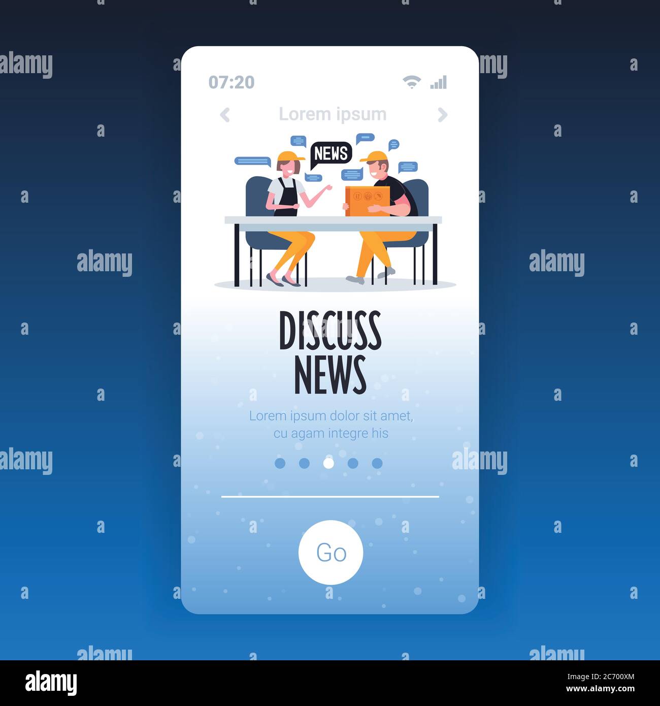 warehouse workers chatting during meeting discussing daily news chat bubble communication concept smartphone screen mobile app full length copy space vector illustration Stock Vector