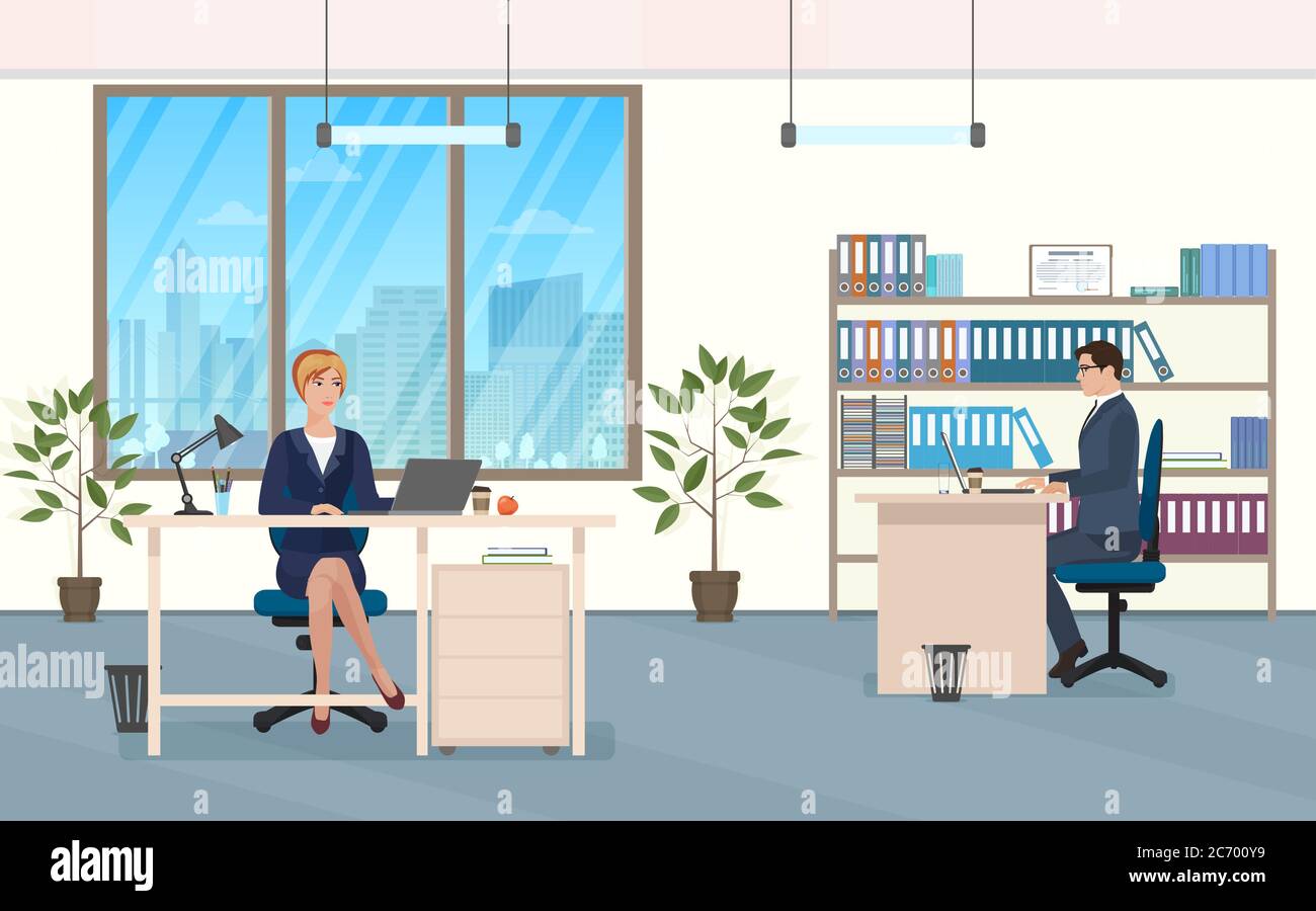 Man and woman at the desk in the office vector illustration Stock Vector