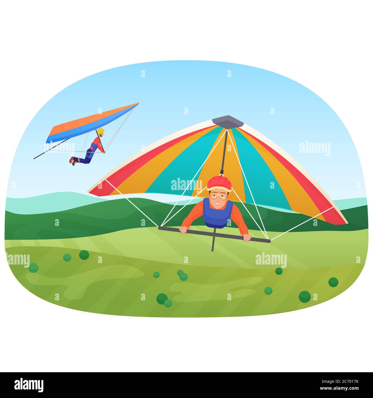 Vector illustration of the people flying on the paragliders. Active flying sport Stock Vector