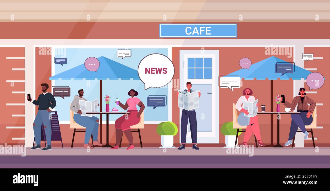 people reading newspapers discussing daily news during coffee break chat bubble communication concept mix race visitors sitting at street cafe tables full length horizontal vector illustration Stock Vector