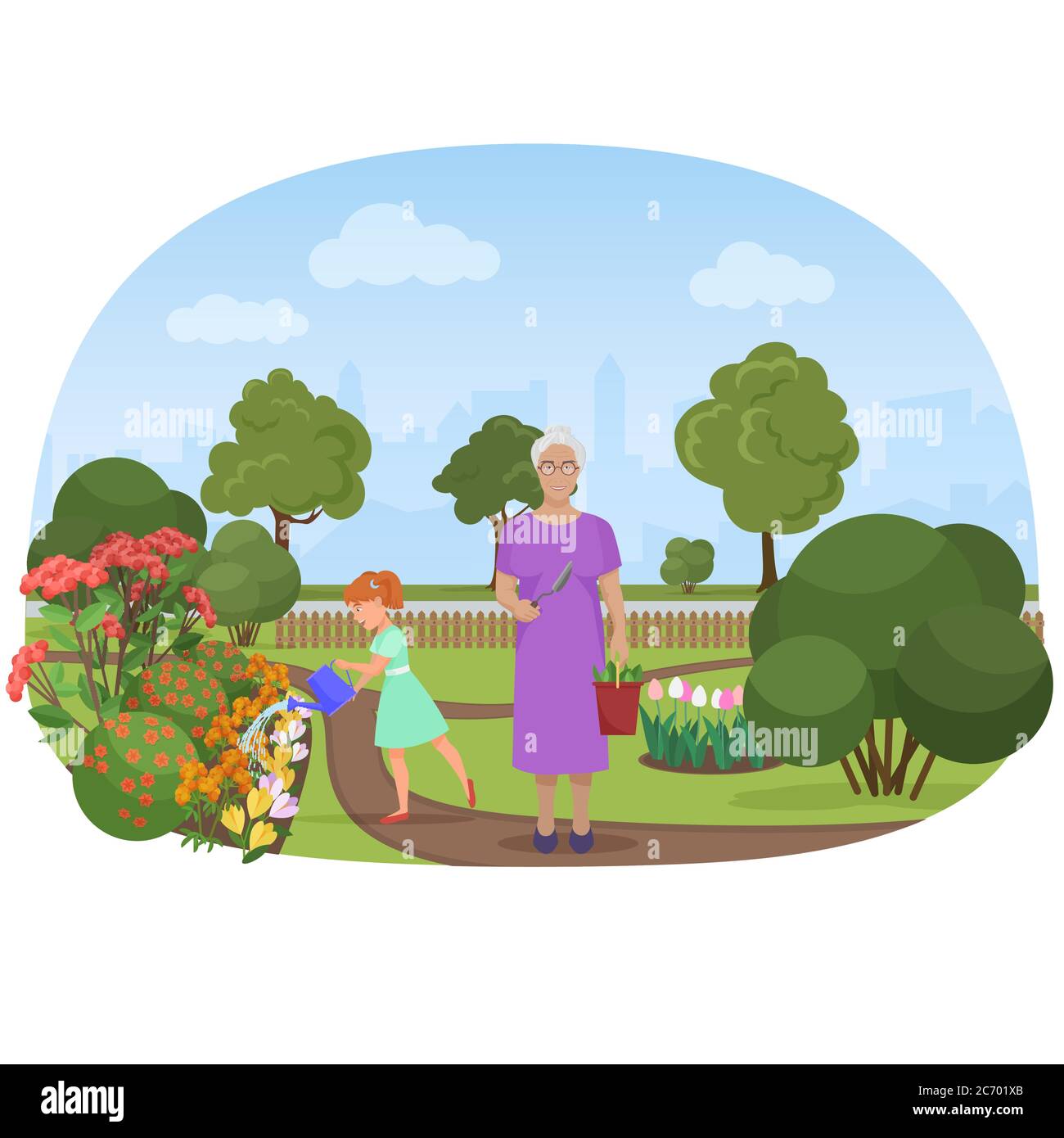 Vector illustration of the girl watering flowers with the grandmother in the own garden Stock Vector
