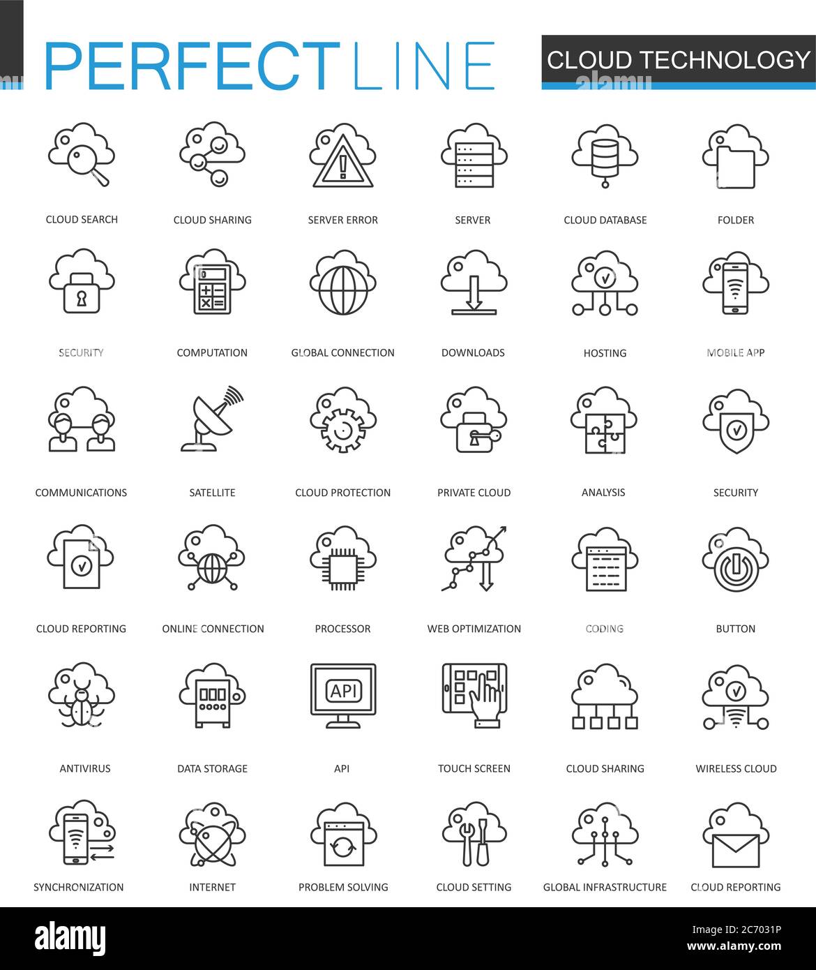 Cloud data technology services thin line web icons set. Connection outline stroke icon design Stock Vector