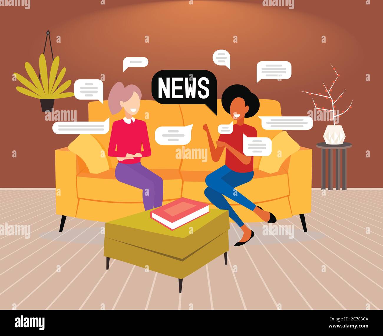 Mix Race Girls Chatting During Meeting Couple Discussing Daily News Chat Bubble Communication Concept Living Room Interior Horizontal Full Length Vector Illustration Stock Vector Image Art Alamy
