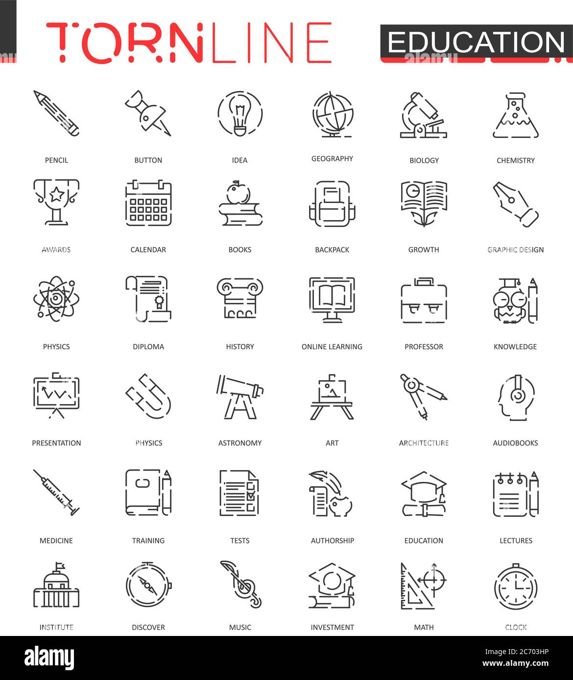 School education thin torn line web icons set. Outline dashed stroke icon design Stock Vector
