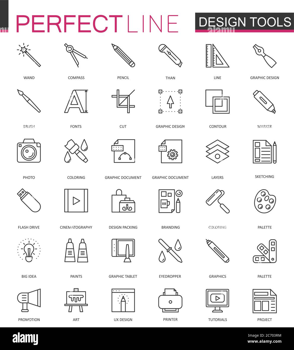 Graphic design program tools palettes. Thin line web icons set. Interface outline stroke icon design Stock Vector