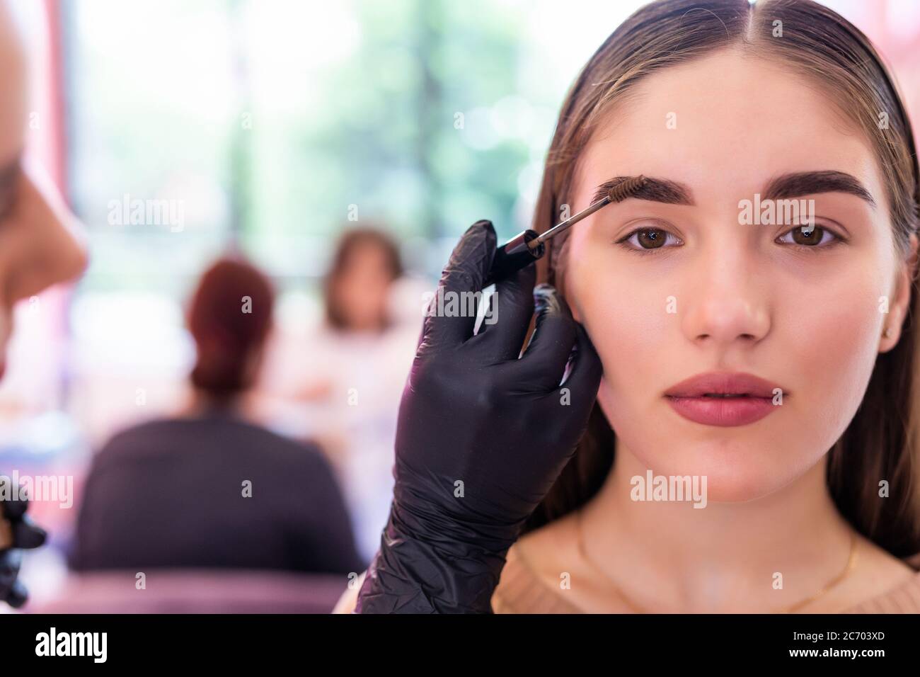 Eyebrow tinting. Close up master applying brow tint with a brush Stock