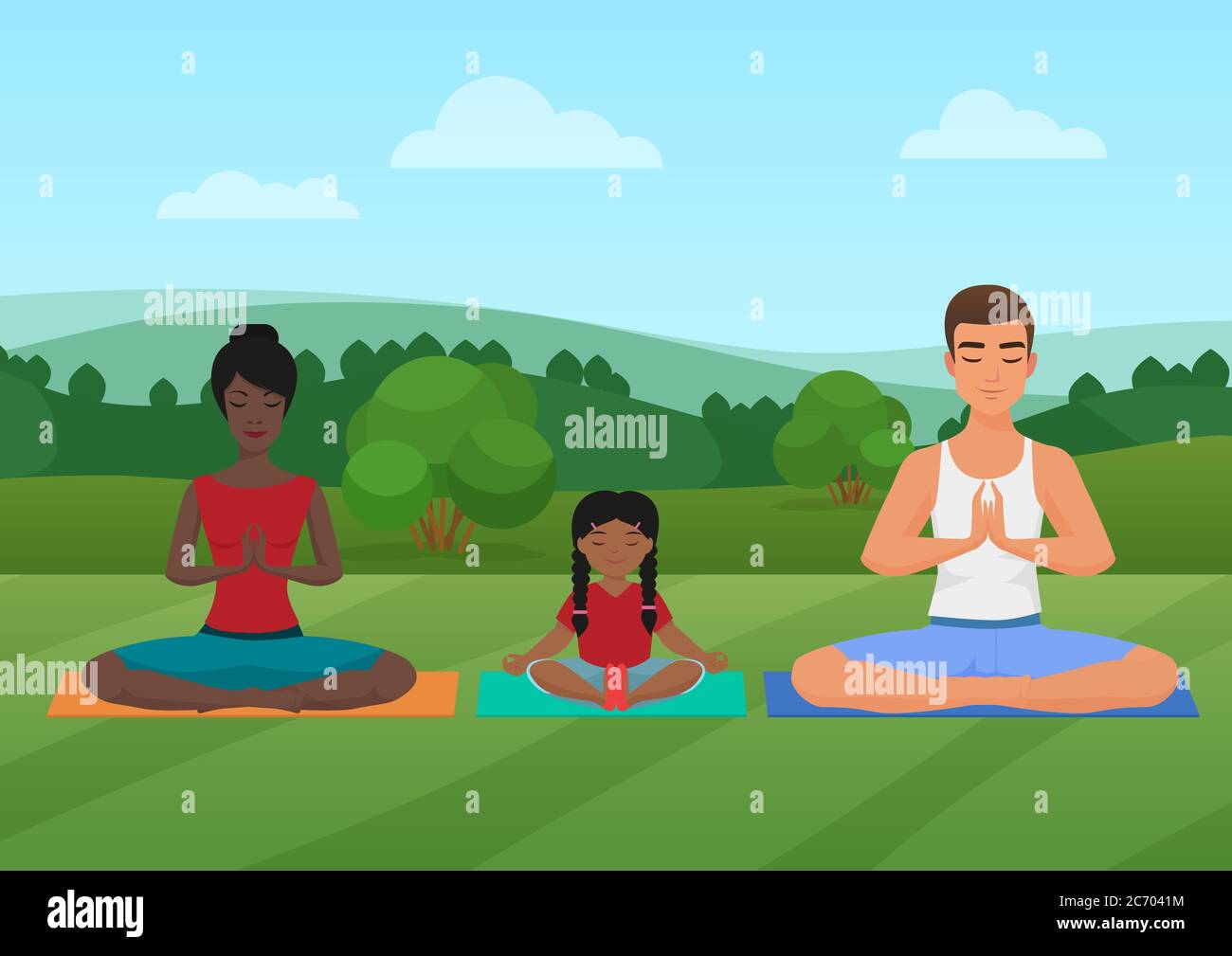 Vector illustration of the multi-ethnic family meditating on the nature Stock Vector