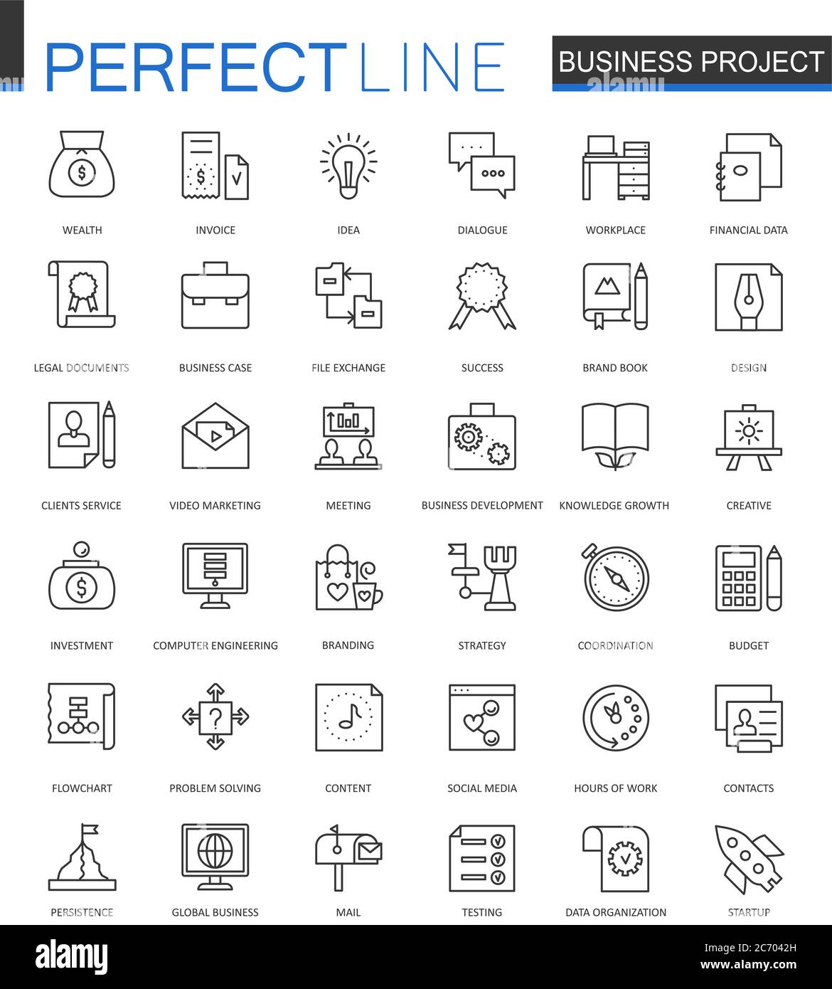 Business project thin line web icons set. Strategy management Outline stroke icon design Stock Vector