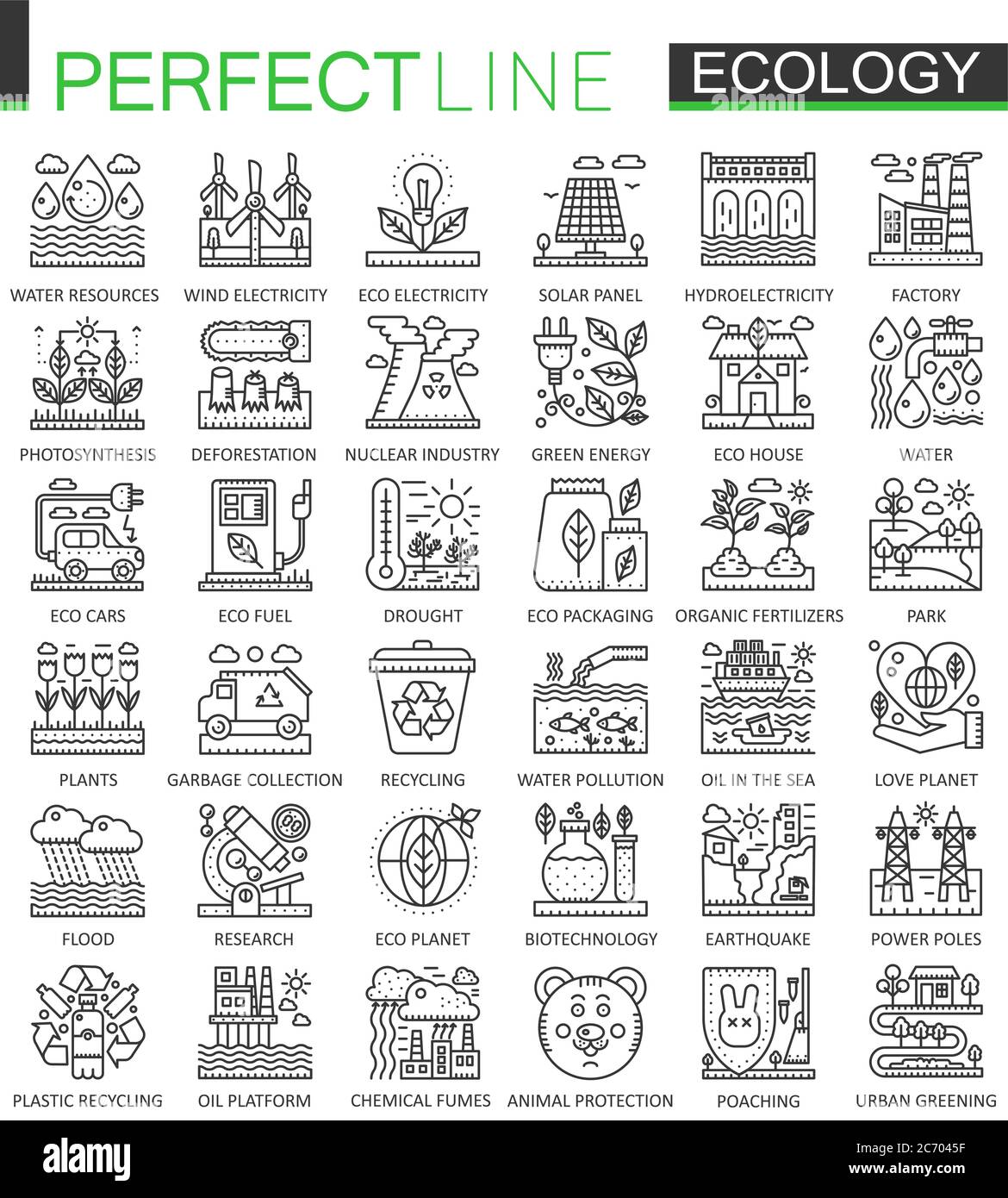 Ecology technology outline concept symbols. Perfect thin line icons. Modern stroke linear style illustrations set Stock Vector