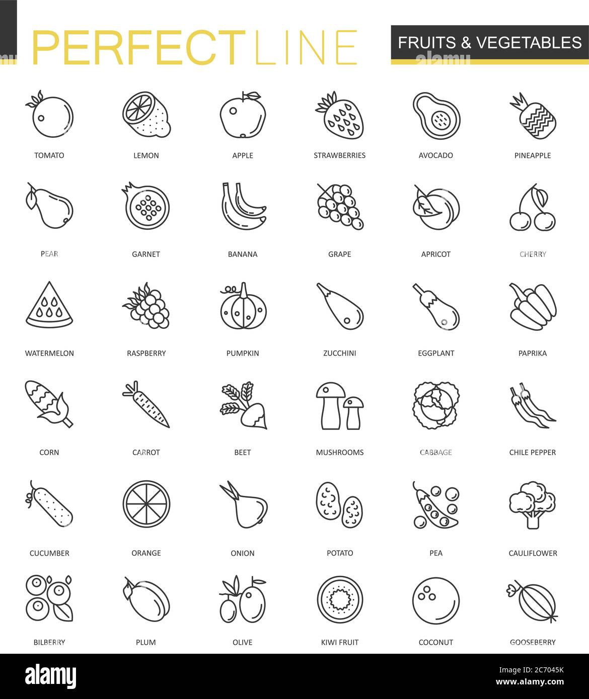 Fruits and Vegetables thin line web icons set. Outline stroke icon ...