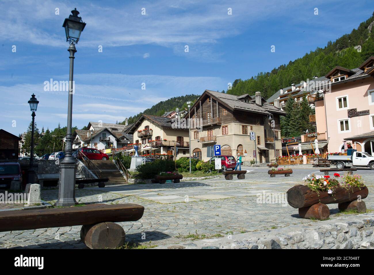Europe, Italy, Piedmont, Valle Susa, village view, claviere, italy, turin province, piedmont, italy, village, mountain, houses, landscape, horizontal, summer Stock Photo