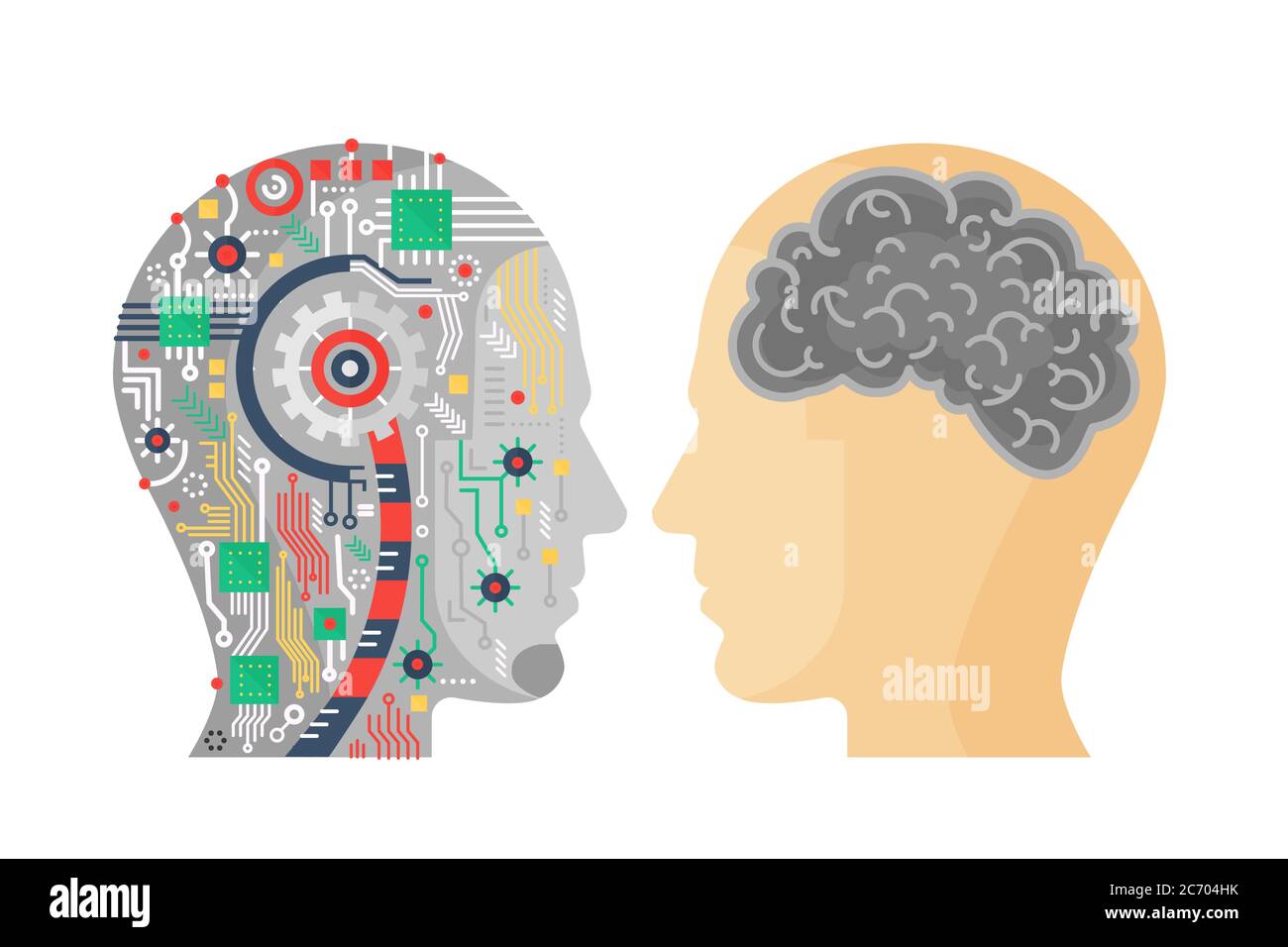 Vector illustration of machinery head of cyborg and the human one with the brain Stock Vector