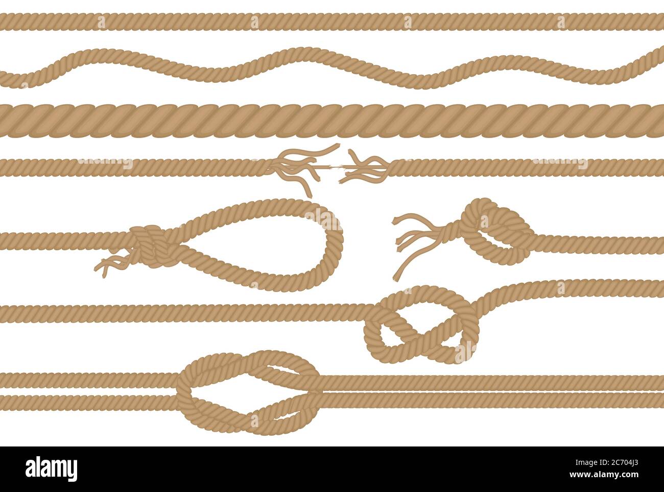 Rope brushes with different knots collection set Stock Vector