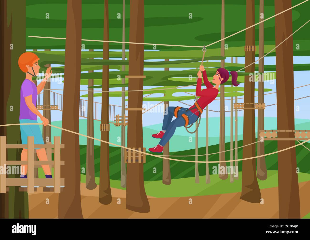 Vector illustration of the people training hiking on the ropes between trees.  Rope park Stock Vector Image & Art - Alamy