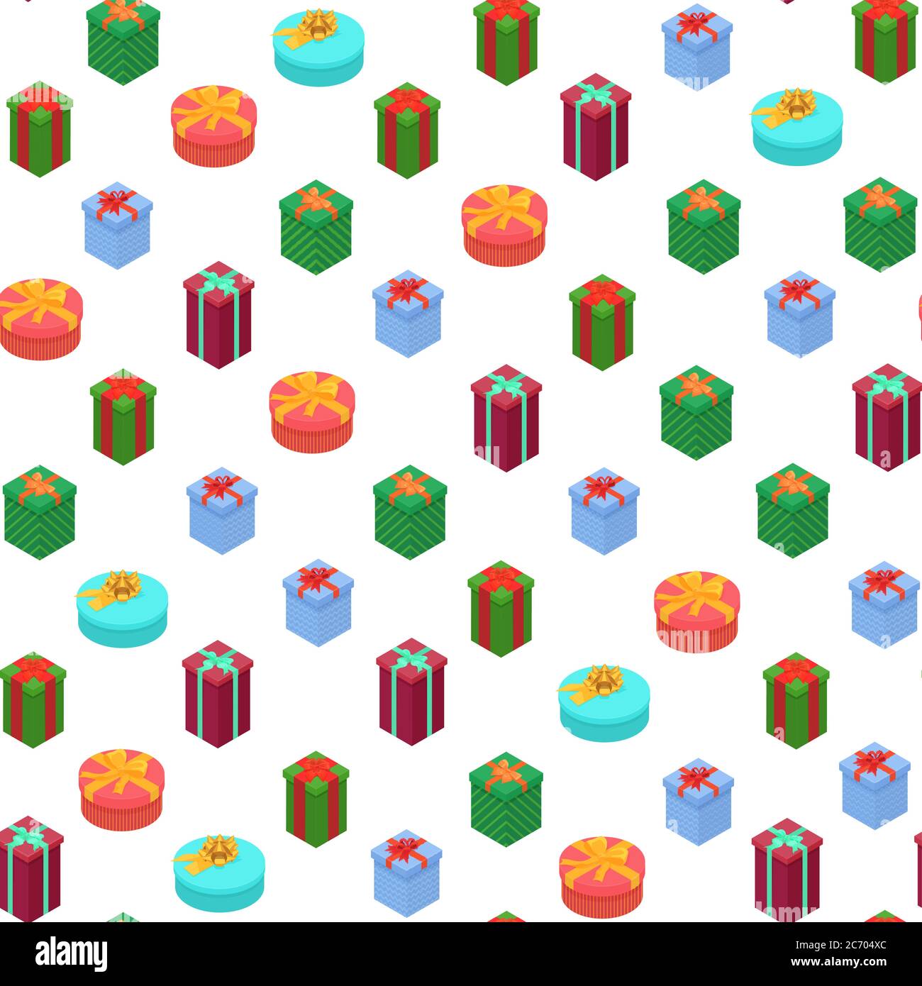 Bright, colorful present and gift boxes seamless pattern with ribbons. Flat isometric vector illustration Stock Vector