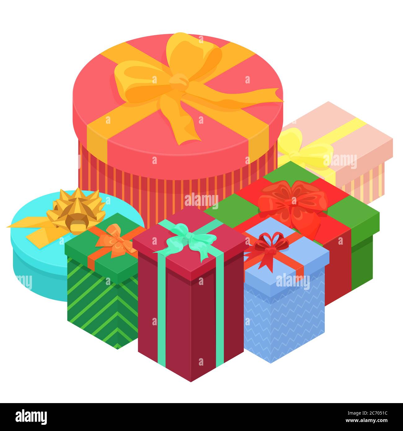Bright, colorful present and gift boxes with ribbons. Flat isometric ...