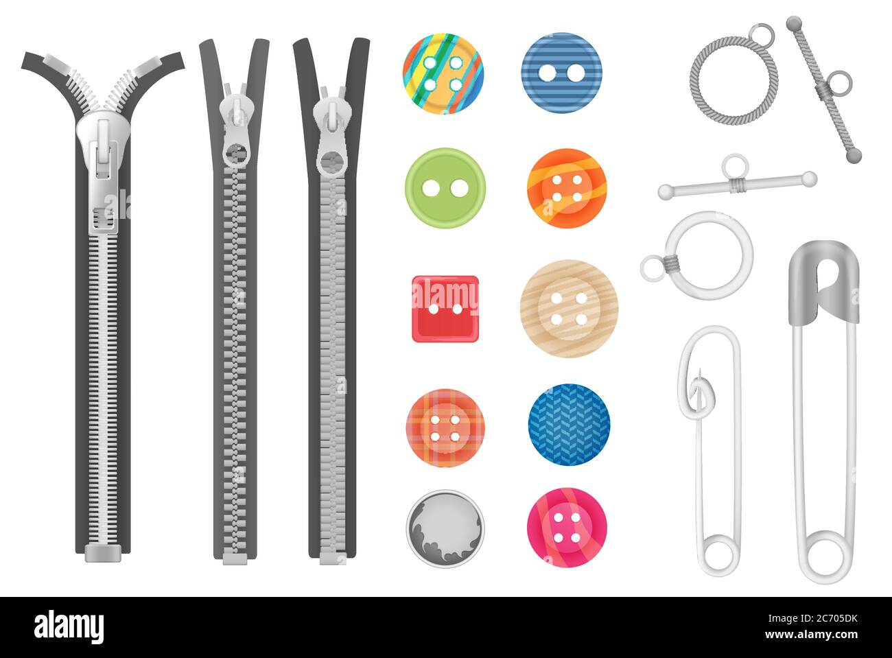 Steel metal zipper and objects for sewing, handicraft collection. Realistic  buttons and zippers set Stock Vector Image & Art - Alamy