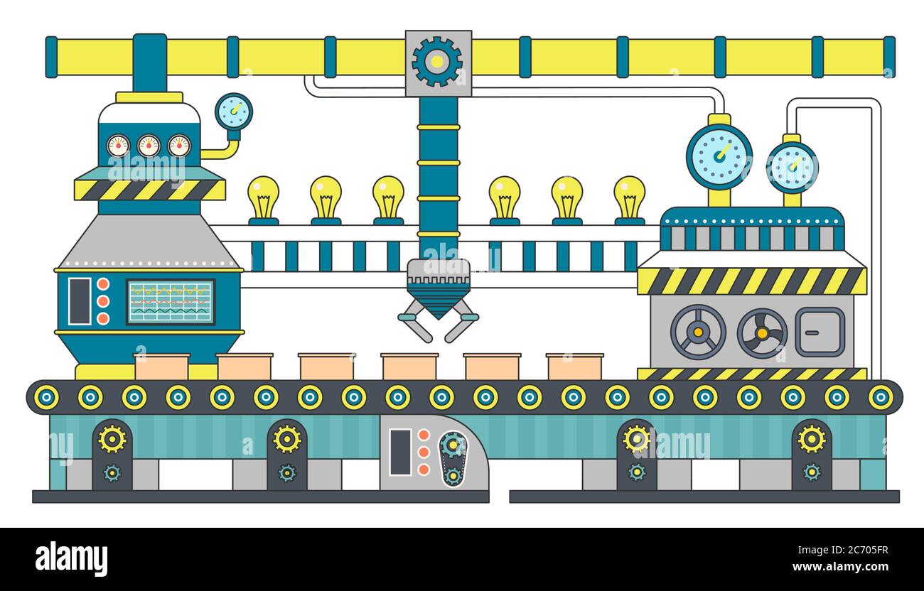 Industrial conveyor belt line vector illustration. Conveyor process production, conveyor with machinery robot Stock Vector