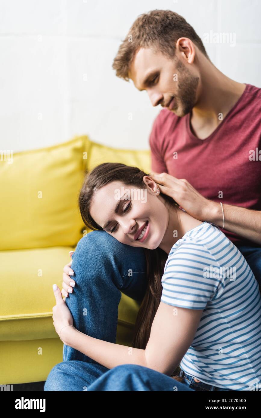 happy beautiful young couple hugging at home Stock Photo - Alamy