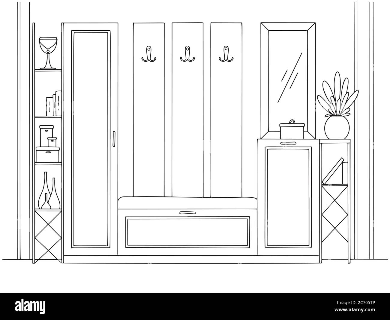 Sketch interior. Hallway furniture, various decorations and other elements. Vector illustration in sketch style. Stock Vector