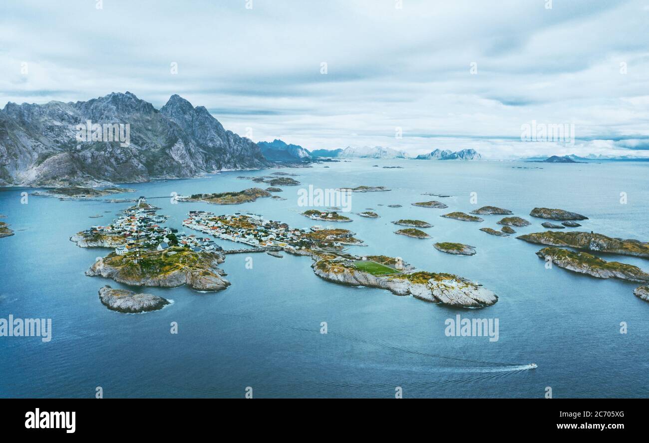 Lofoten islands in Norway aerial view  Henningsvaer village beautiful travel destinations drone landscape blue sea scandinavian nature Stock Photo
