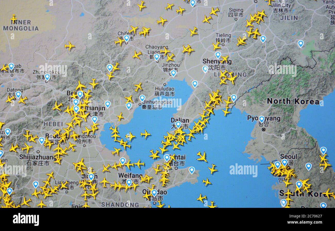 air traffic over China, North Korea, South Korea (13 july 2020, UTC 08.08) with Flightradar 24 site, during the Coronavirus Pandemic period Stock Photo